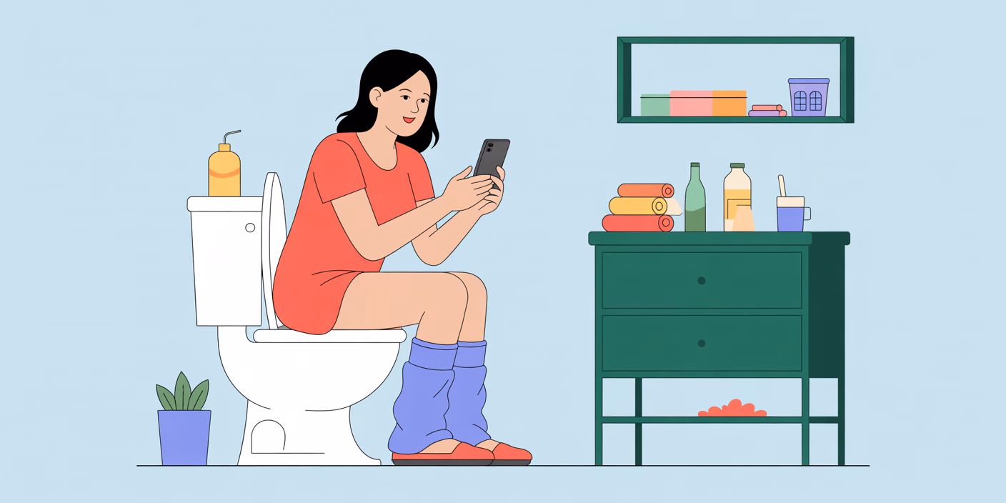 A Woman Sitting On The Toilet While Watching On Phone